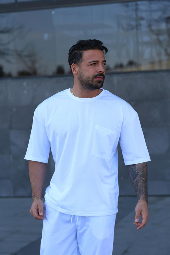 T-SHİRTBeyaz 2 İplik Double Kalıp CEPLİ Oversize T-SHIRT