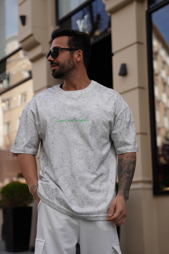 T-SHİRTBeyaz 2 İplik Yıkamalı Yeşil Again Baskılı Oversize T-Shirt MHL