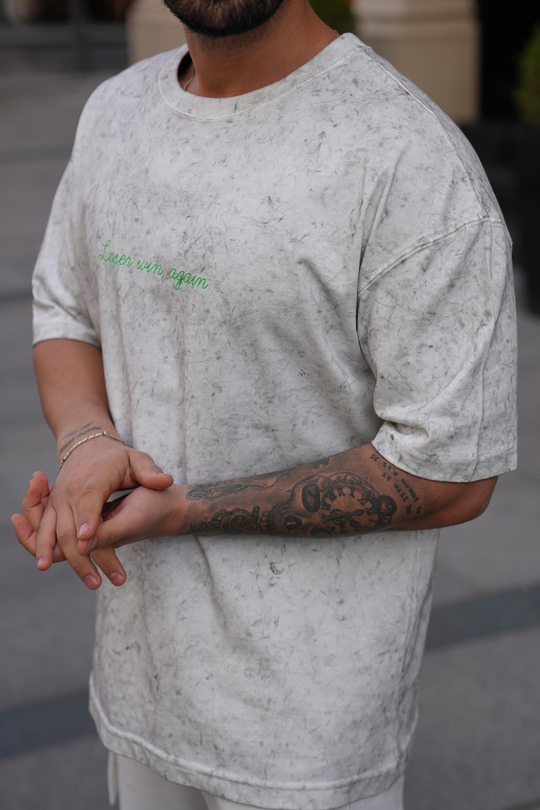 T-SHİRTBeyaz 2 İplik Yıkamalı Yeşil Again Baskılı Oversize T-Shirt MHL