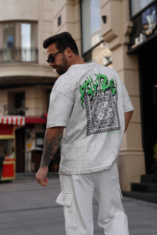 T-SHİRTBeyaz 2 İplik Yıkamalı Yeşil Again Baskılı Oversize T-Shirt MHL