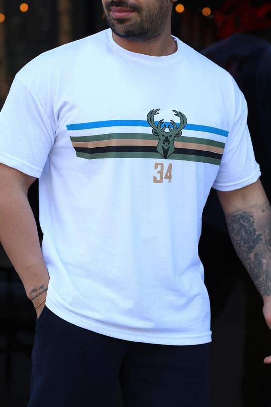 T-SHİRTBeyaz 34 GEYİK Göğüs Sırt Baskılı Oversize T-SHIRT TB