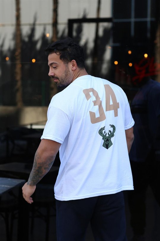 T-SHİRTBeyaz 34 GEYİK Göğüs Sırt Baskılı Oversize T-SHIRT TB
