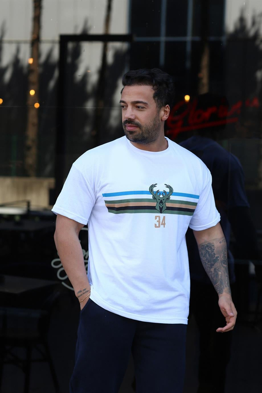 T-SHİRTBeyaz 34 GEYİK Göğüs Sırt Baskılı Oversize T-SHIRT TB