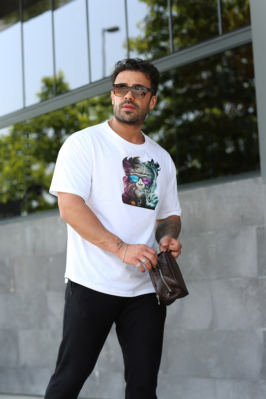 T-SHİRTBeyaz Maymun Baskılı Oversize T-shirt