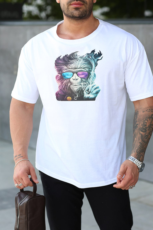 T-SHİRTBeyaz Maymun Baskılı Oversize T-shirt
