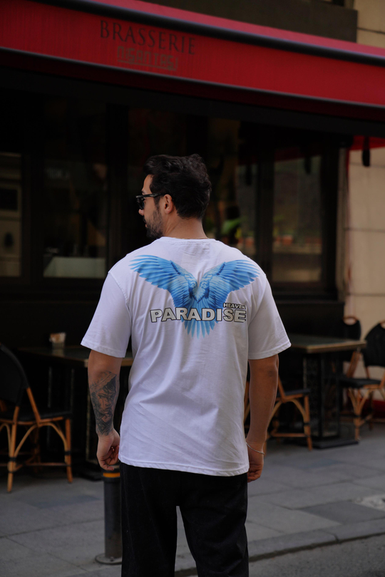T-SHİRTBeyaz Paradise Baskılı Oversize T-Shirt TK