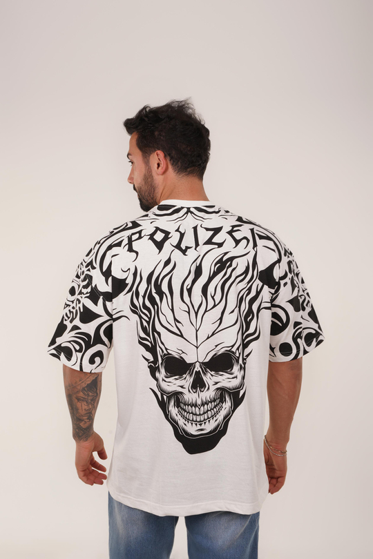 T-SHİRTBeyaz POLZEİ İskelet Baskılı Oversize T-Shirt VSK