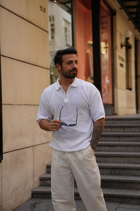 T-SHİRTBeyaz Selanik Polo Yaka Fermuarlı TK 1021