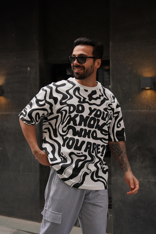 T-SHİRTBeyaz Siyah Do You Baskılı Kalın Kumaş Oversize T-Shirt MHL