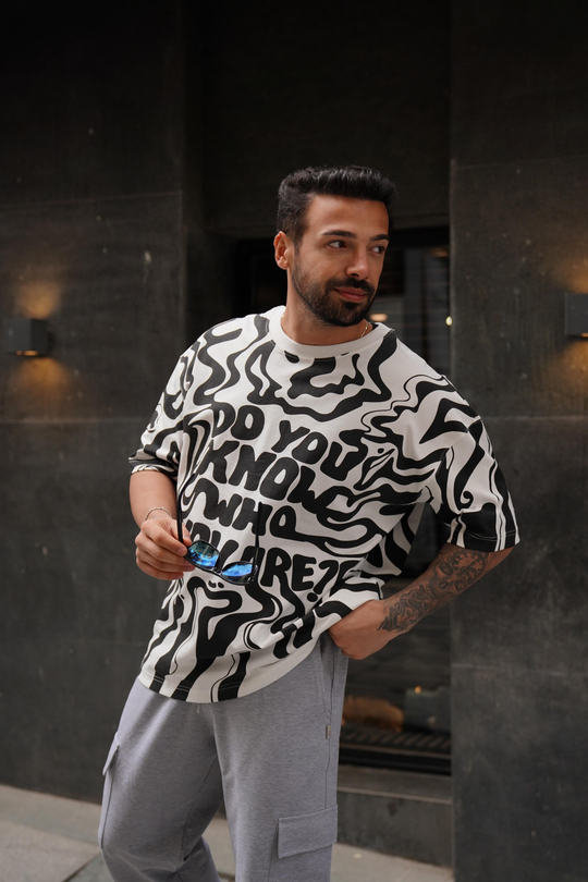 T-SHİRTBeyaz Siyah Do You Baskılı Kalın Kumaş Oversize T-Shirt MHL