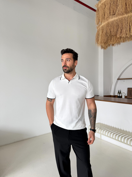 T-SHİRTBeyaz Yaka Çizgili Polo Yaka TK