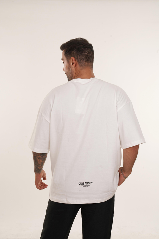 T-SHİRTBeyaz Yüksek Kalite Care About Baskılı Oversize T-SHİRT VMS 40449