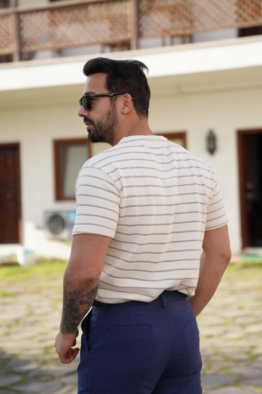 T-SHİRTBeyaza Bej Çizgili Triko SNZ 3931