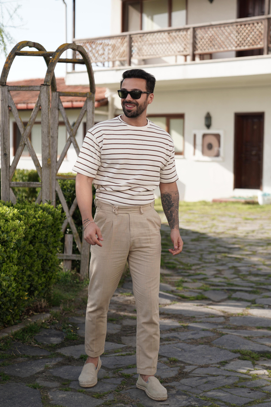 T-SHİRTBeyaza Kahve Çizgili Triko SNZ 3931