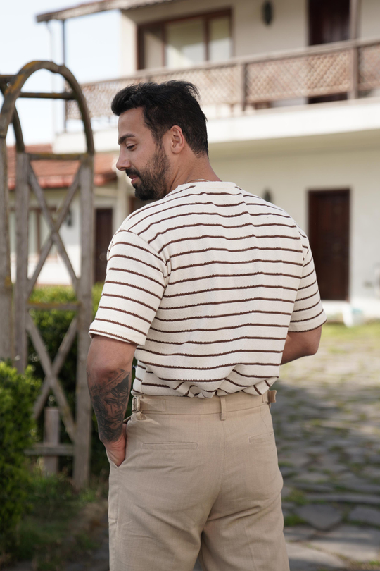 T-SHİRTBeyaza Kahve Çizgili Triko SNZ 3931