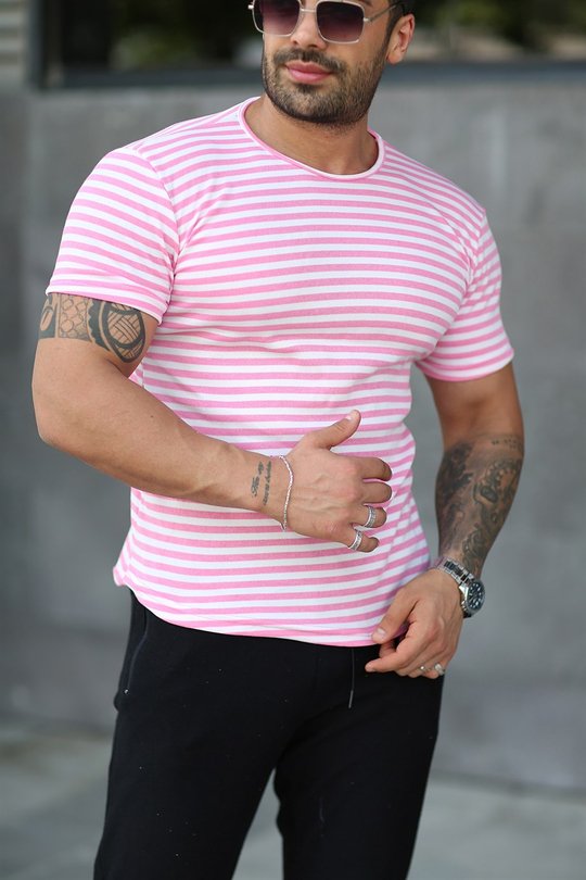T-SHİRTBeyaza Pembe Çizgili İthal Kumaş Basic T-SHİRT