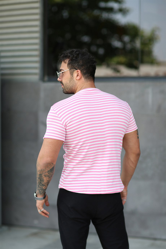 T-SHİRTBeyaza Pembe Çizgili İthal Kumaş Basic T-SHİRT