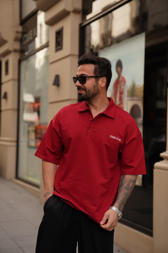 T-SHİRTBordo Essence Of Polo Yaka Oversize T-Shirt VMS 30157