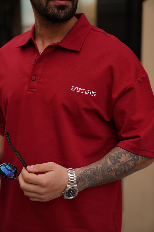 T-SHİRTBordo Essence Of Polo Yaka Oversize T-Shirt VMS 30157
