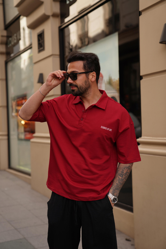 T-SHİRTBordo Essence Of Polo Yaka Oversize T-Shirt VMS 30157