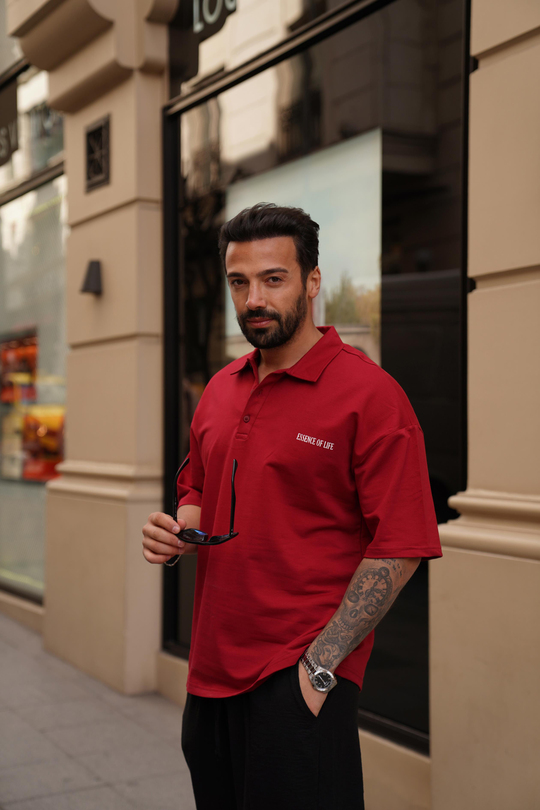 T-SHİRTBordo Essence Of Polo Yaka Oversize T-Shirt VMS 30157