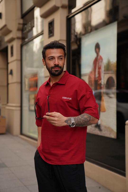 T-SHİRTBordo Essence Of Polo Yaka Oversize T-Shirt VMS 30157