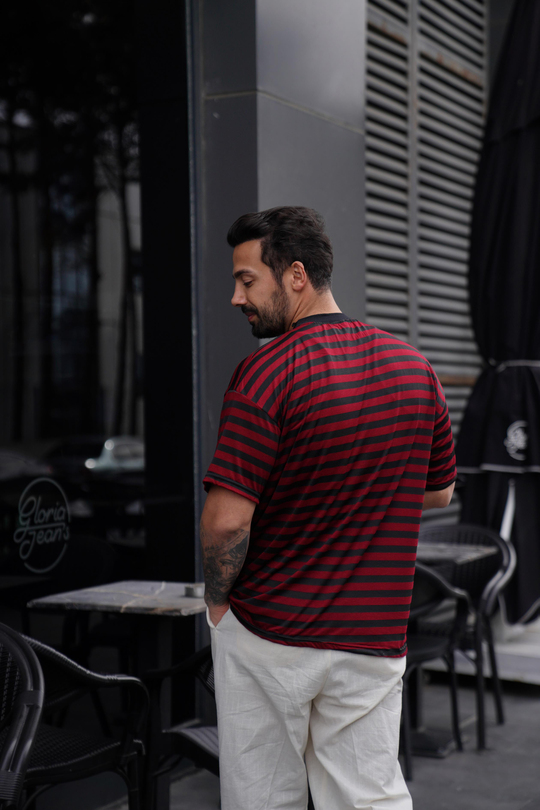T-SHİRTBordo Siyah Çizgili Oversize Viskon T-Shirt TK 1008