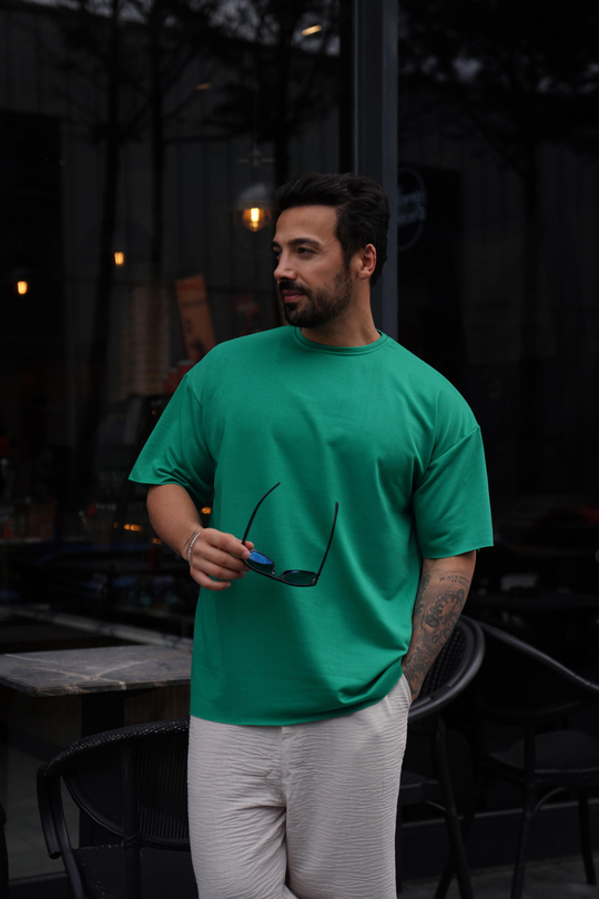 T-SHİRTÇamyeşili Pis Kesim Oversize TK 1002