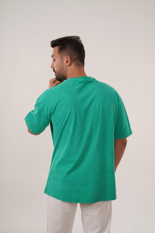 T-SHİRTÇamyeşili Yıkamalı Compak Pamuk Oversize T-Shirt PLZ