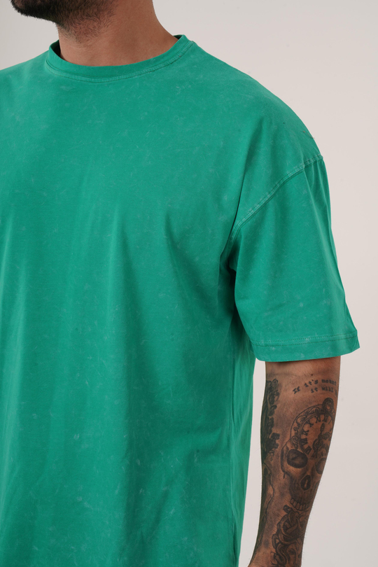 T-SHİRTÇamyeşili Yıkamalı Compak Pamuk Oversize T-Shirt PLZ