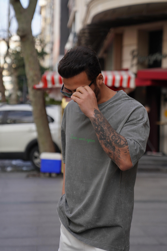 T-SHİRTFüme 2 İplik Yıkamalı Yeşil Again Baskılı Oversize T-Shirt MHL