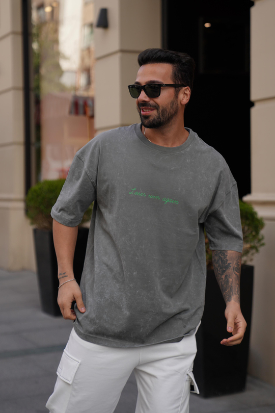 T-SHİRTFüme 2 İplik Yıkamalı Yeşil Again Baskılı Oversize T-Shirt MHL