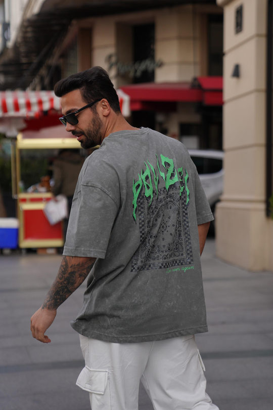 T-SHİRTFüme 2 İplik Yıkamalı Yeşil Again Baskılı Oversize T-Shirt MHL