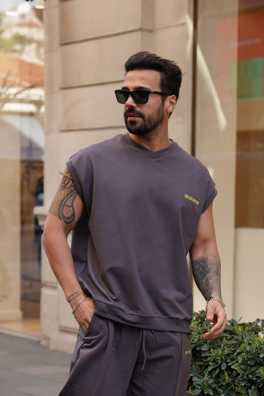 T-SHİRTFüme Your Life Matters 2 iplik Sıfır Kol Oversize VMS 30307