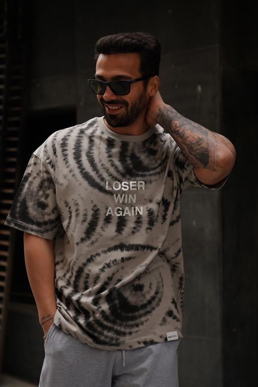T-SHİRTGri 2 İplik Loser Yazılı Batik Desen Oversize T-Shirt MHL