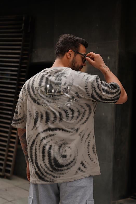 T-SHİRTGri 2 İplik Loser Yazılı Batik Desen Oversize T-Shirt MHL