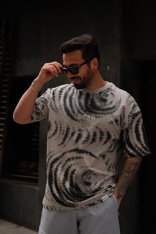 T-SHİRTGri 2 İplik Loser Yazılı Batik Desen Oversize T-Shirt MHL