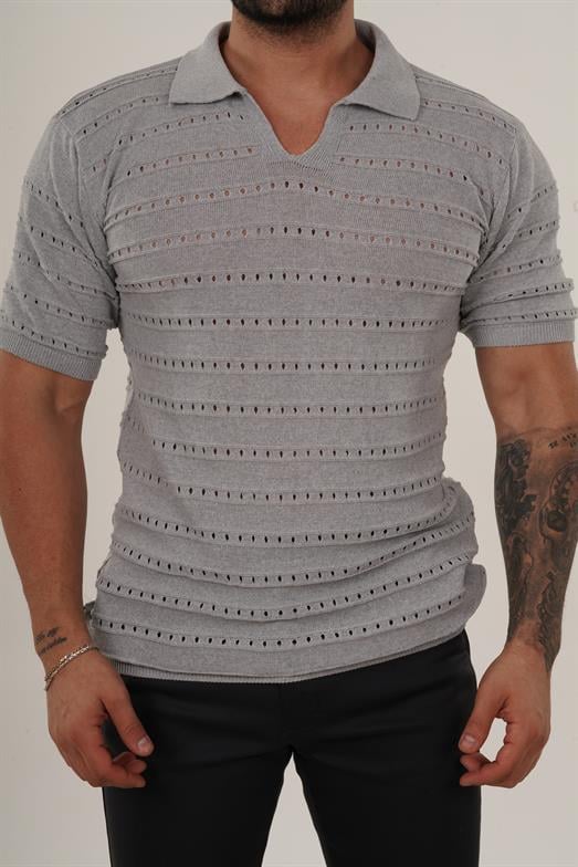 T-SHİRTGri Delikli Polo Yaka Triko TK 1023