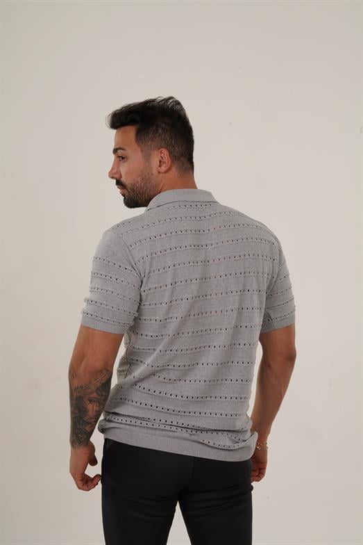 T-SHİRTGri Delikli Polo Yaka Triko TK 1023