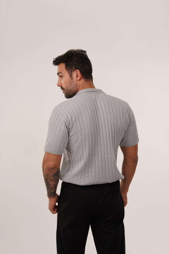T-SHİRTGri Düğmesiz Fitilli Polo Yaka TK