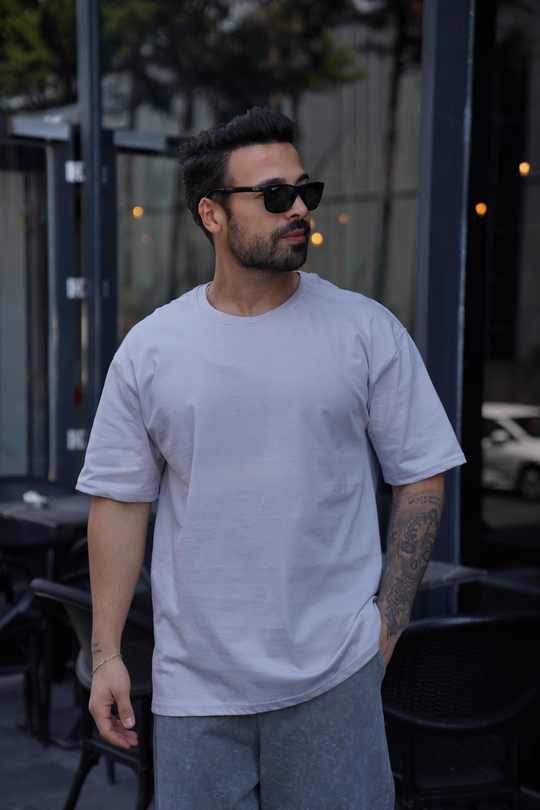 T-SHİRTGri Düz Oversize T-Shirt TK 1012