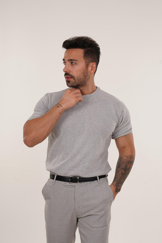 T-SHİRTGri Düz Triko T-shirt TB