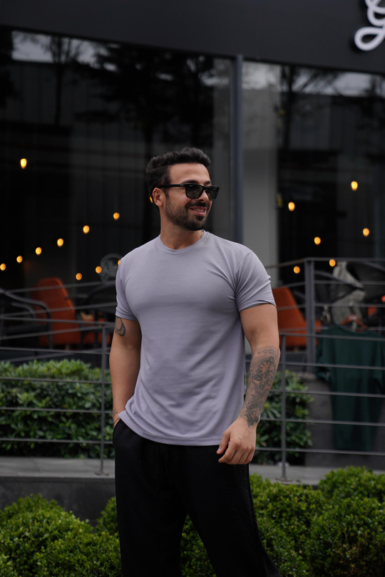 T-SHİRTGri Ottoman Çizgi Desen Bisiklet Yaka T-Shirt TK 1001