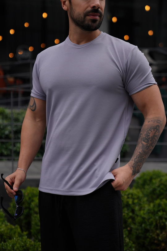 T-SHİRTGri Ottoman Çizgi Desen Bisiklet Yaka T-Shirt TK 1001