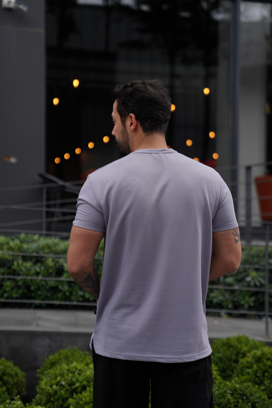 T-SHİRTGri Ottoman Çizgi Desen Bisiklet Yaka T-Shirt TK 1001