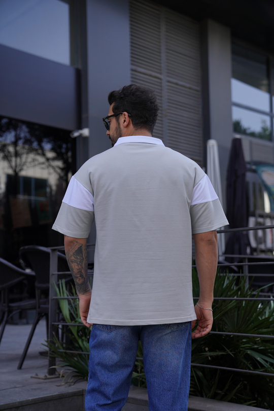 T-SHİRTGri Parçalı Oversize Polo Yaka TK 1003