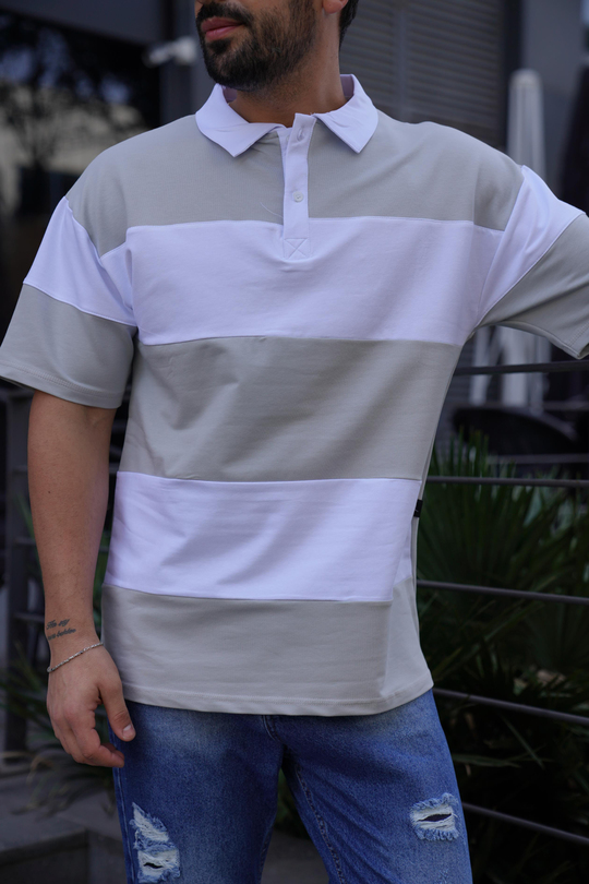 T-SHİRTGri Parçalı Oversize Polo Yaka TK 1003