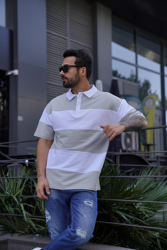 T-SHİRTGri Parçalı Oversize Polo Yaka TK 1003