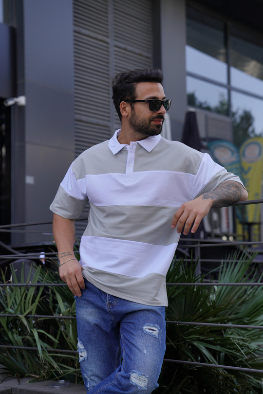 T-SHİRTGri Parçalı Oversize Polo Yaka TK 1003