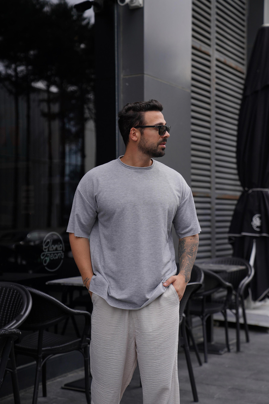 T-SHİRTGri Pis Kesim Oversize TK 1002